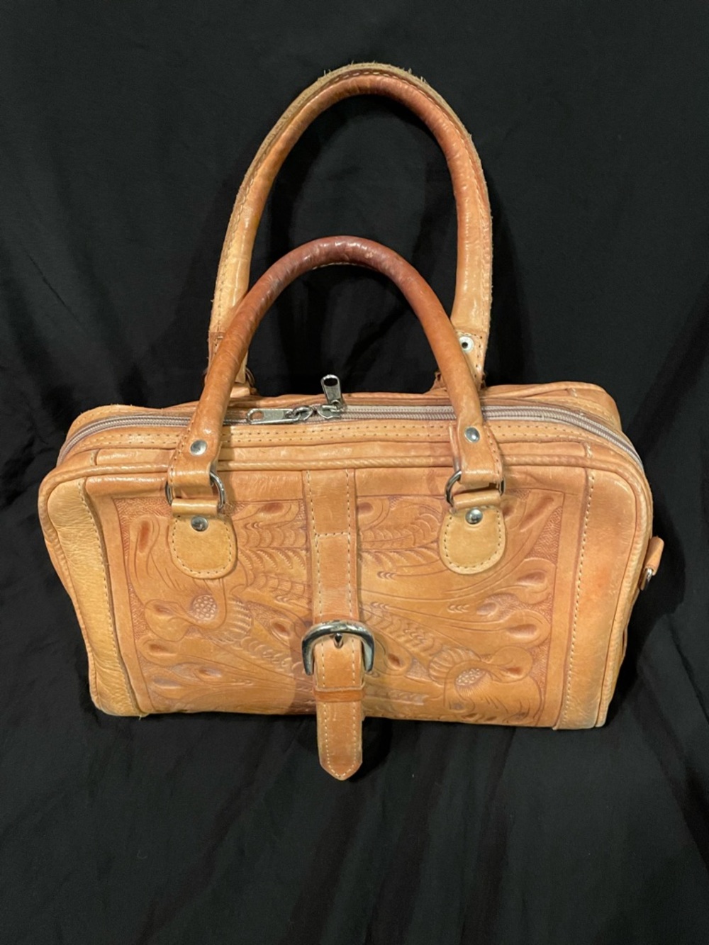 Hand-Tooled Leather Satchel Handbag in Tan